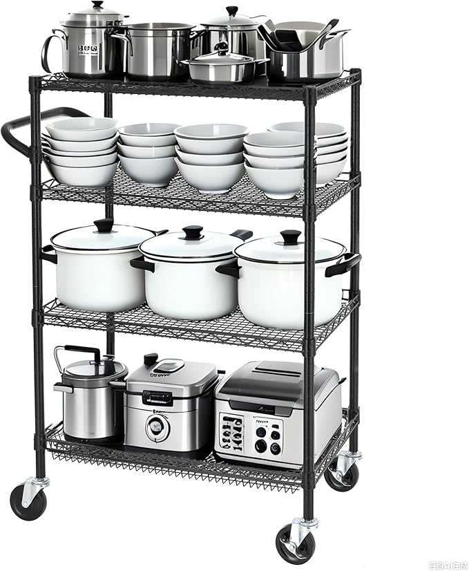 Finnhomy 4 Tier Heavy Duty Commercial Grade Rolling Cart with Handle Bar, Metal Wire Utility Cart with Wheels, Shelf Size 18" D x 30" W, NSF Listed, Black