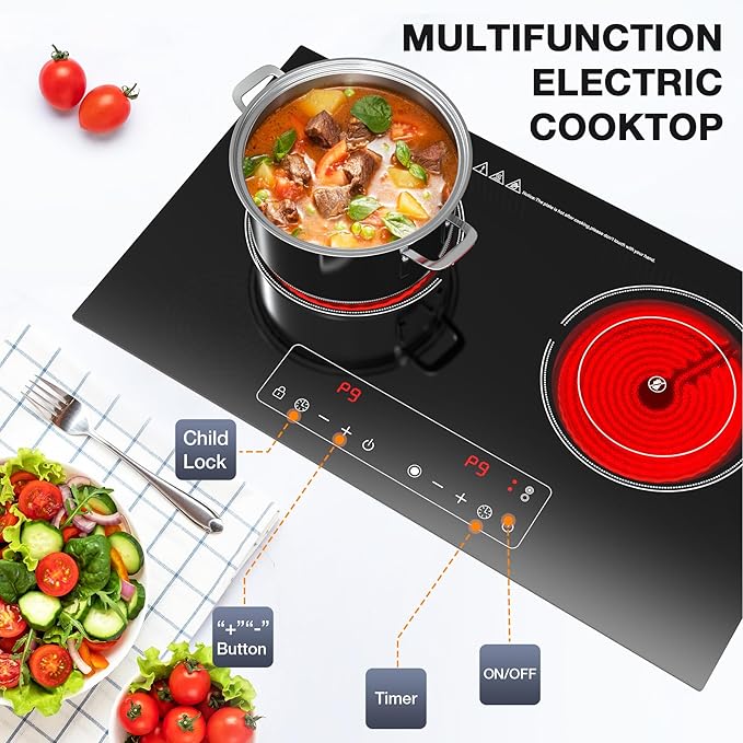 Electric Cooktop,110V 2400W 2 Burner Electric Cooktop,Countertop and Built-in Stove top with 9 Power Levels,Child Safety Lock, Timer, LED touch control,Overheat Protection