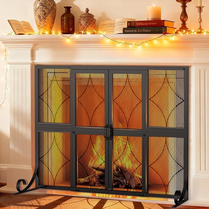 Fireplace Screen with Sliding Doors, 35" W x 28" H H Modern Wrought Iron Fire Spark Guard Cover for Christmas Decorative, Baby and Pet Proof, Small
