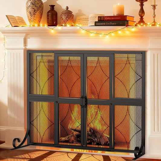 Fireplace Screen with Sliding Doors, 35" W x 28" H H Modern Wrought Iron Fire Spark Guard Cover for Christmas Decorative, Baby and Pet Proof, Small