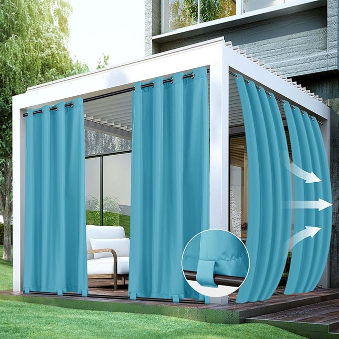 HolidayIdeas Patio Curtains Outdoor Waterproof 4 Panels 54x84 Inch-Windproof Weatherproof Privacy Teal Outside Curtains-Grommet Top and Tab Bottom Drape for Gazebo, Porch, Pergola, Cabana, Backyard