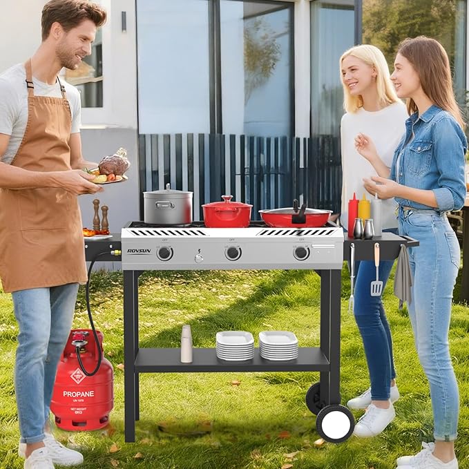 ROVSUN 3 Burner Propane Stove with Auto Ignition, 225,000 BTU Gas Stove with Side Shelves, Rolling Wheels & Regulator for Home Outdoor Backyard Camping Cooking Frying Brewing Canning