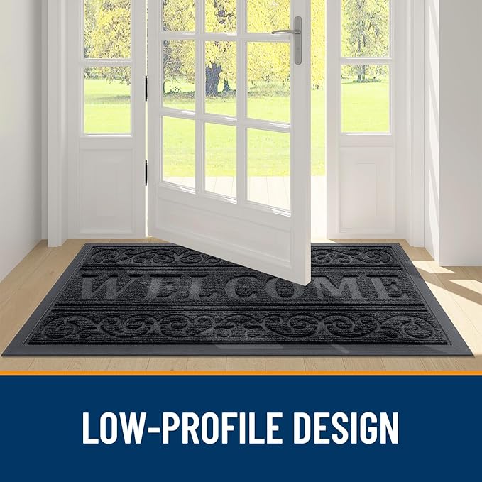 OLANLY Welcome Door Mat Indoor Outdoor Entrance, Heavy Duty Sturdy Front Door Mat, Waterproof All-Weather Doormat, Stain Resistant, Low Profile, Easy Clean Patio Entryway Mat, 47 x 24, Black