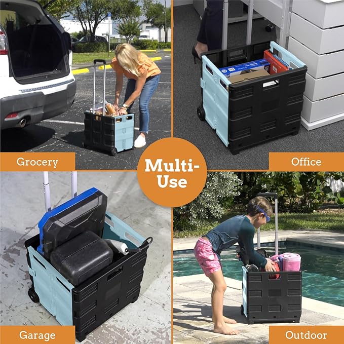 Inspired Living Ultra-Slim Rolling Collapsible Storage Pack-N-Roll Utility-carts, with Telescopic Handle, for Home, Garden, Shopping, Office, School use, Large, Baby Blue & Black