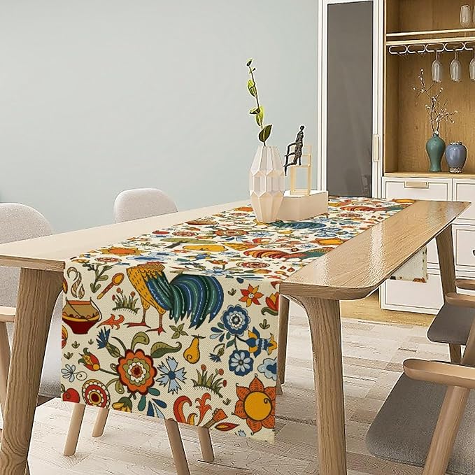 Farm Animal Table Runner, Boho Folk Style Country Rustic Farmhouse Rooster Flower Print Table Runner for Home Kitchen Dining Holiday Decor, 13x120inch
