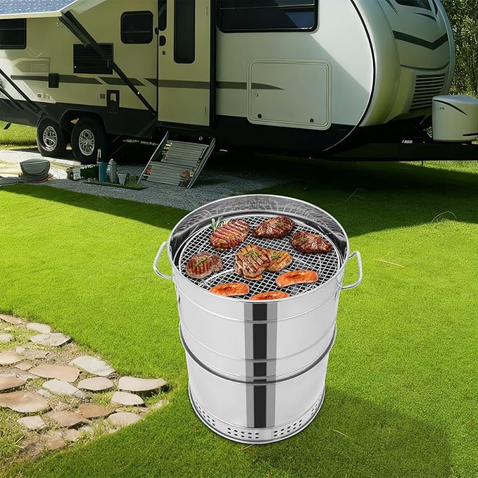 Portable Charcoal Grill, 360° Stainless Steel BBQ Grill Barrel with 50 Skewers & Oil Tray, Outdoor Barbecue Grill for Camping, Backyard, Picnic, Travel