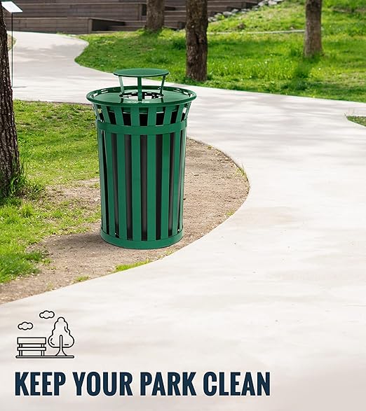 Alpine Commercial Outdoor Trash Can - 38 Gallon Heavy Duty Green Recycle Garbage Can with Liner, Flat Lid and Rain Bonnet Lid, All Weather Resistant Large Outside Trash Can for Parks, Parking, School