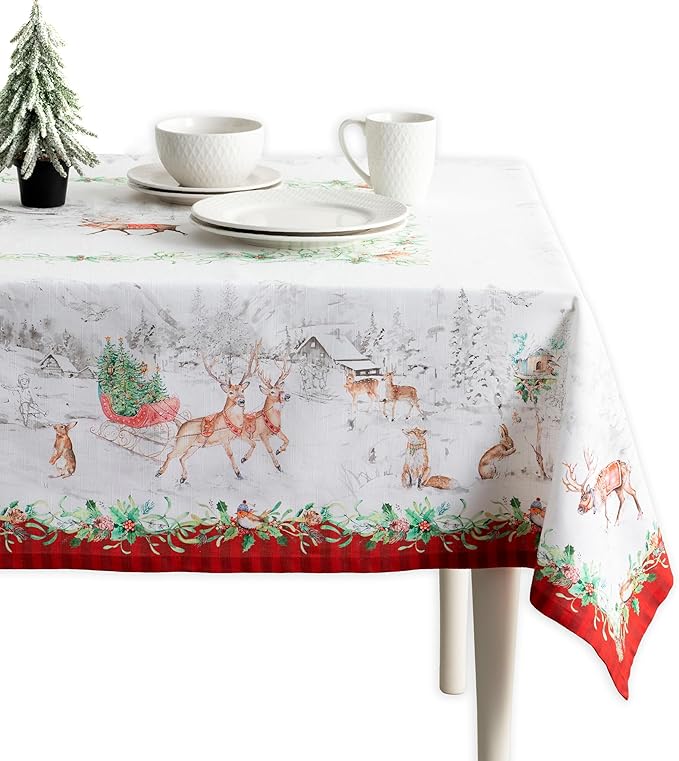 Maison d' Hermine Table Cloth Rectangle Table 100% Cotton 70 x 90 Inches Fall Tablecloth Reusable Everyday Use for Thanksgiving Christmas Decorations Dining Farmhouse Party (Christmas Tradition)