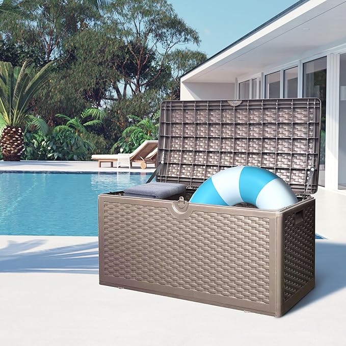 80 Plus Gallon Resin Deck Box, Waterproof Outdoor Storage Box for Patio, Poolside, and Garden, Lockable UV-Resistant Storage Bin Bench Cabinet for Small Spaces, Brown