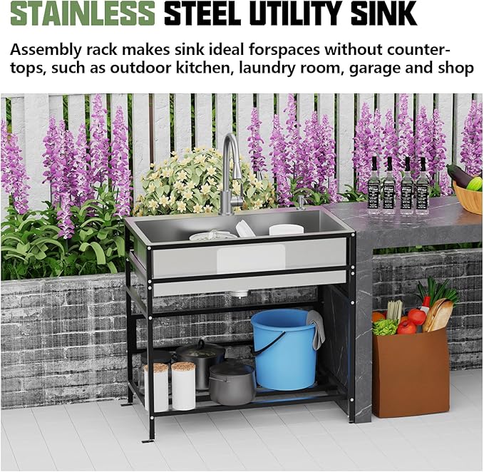 33x19 Inch Stainless Steel Utility Sink-Freestanding Laundry Sink Practicality With Accessories Stainless Functional Faucet,Soap Dispenser, SS Sink Grid For Laundry,Garage,Outdoor Kitchen,Garden...
