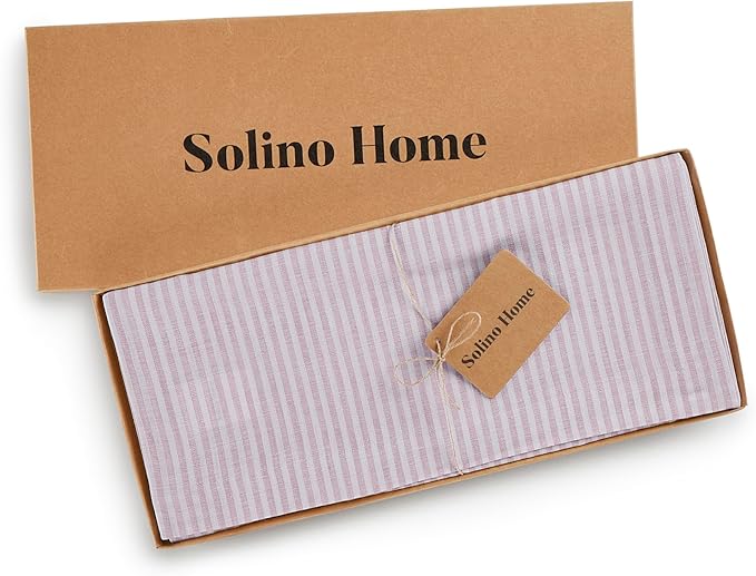 Solino Home Linen Table Runner 72 Inches Long - Narrow Stripe, 100% Pure Linen Pink and White Table Runner 14 x 72 Inch for Dining, Dresser, Valentines, Spring, Easter
