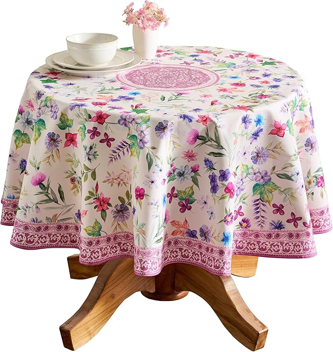 Maison d' Hermine Table Cloth Round Table 100% Cotton 69 Inches Tablecloth Reusable Decorative Everyday Use for Dining Room, Farmhouse, Home, Party, Festive & Wedding Spring Summer - Chardon