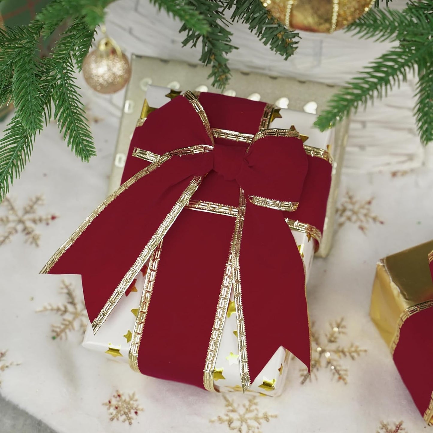 MEEDEE Burgundy Velvet 2.5 Inch Dark Red Christmas Ribbon 10 Yards Wired with Gold Greek Key Edge for Tree Decoration