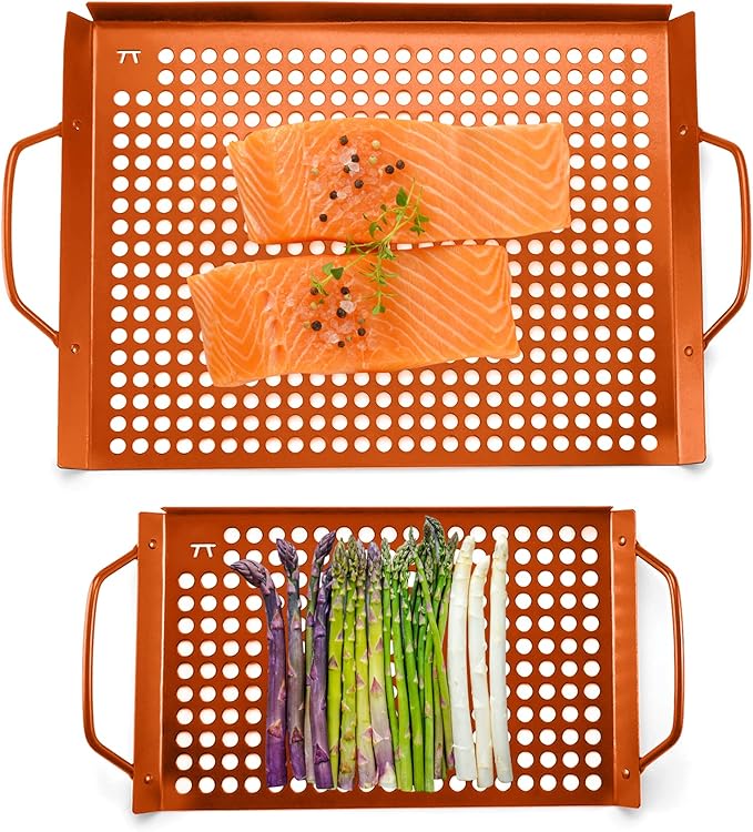 Outset QN76 Copper Grid Set Non-Stick Grilling Tray, Set of 2, 7" x 11" and 14" x 11"
