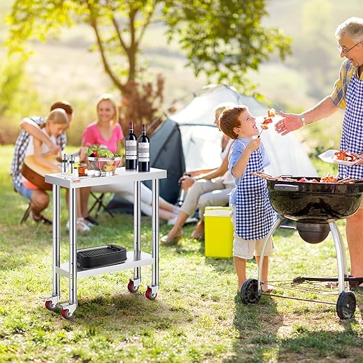 VEVOR Stainless Steel Work Table 30 x 12 x 34 Inch, 700 LBS Load Capacity with 4 Wheels, 3 Adjustable Height Levels, Heavy Duty Food Prep Worktable for Commercial Kitchen Restaurant, Silver