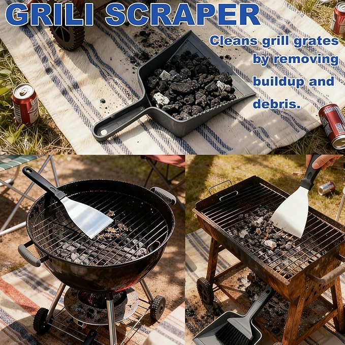 All-in-One Ash Cleanup Kit for Pellet Grills | 3-Piece Set Includes Large Ash Scoop, Soft Bristle Brush & Scraper to Easily Remove Ash & Debris | Simplify Your Grill Maintenance (Grey & Black)