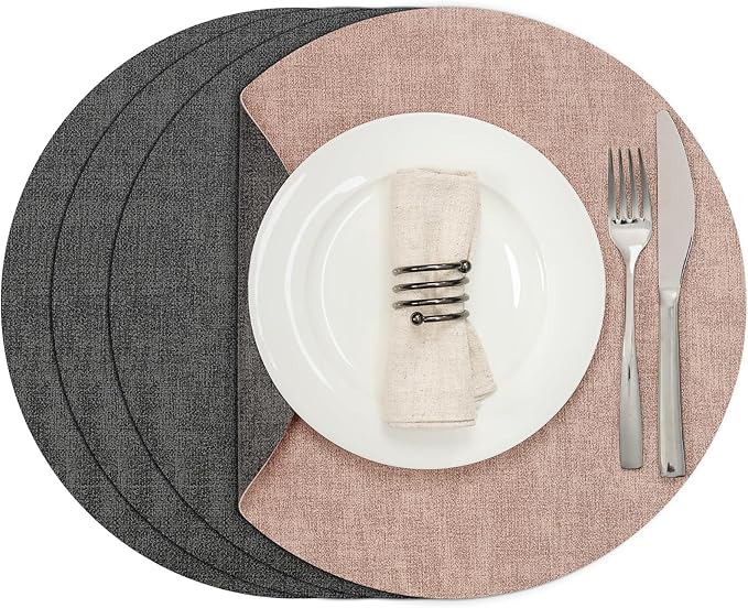 Myir JUN Round Placemats, Dual Sided Faux Leather Place Mats Set of 4 Indoor/Outdoor Non-Slip Washable Table Mats (Gray Pink, Set of 4)