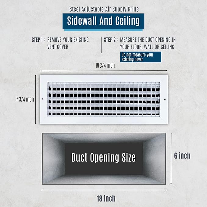 Fits 18x6 Duct Opening Steel Adjustable Air Supply Grille by Handua | Register Vent Cover Grill for Sidewall and Ceiling | White | Outer Dimensions: 19.75" X 7.75"