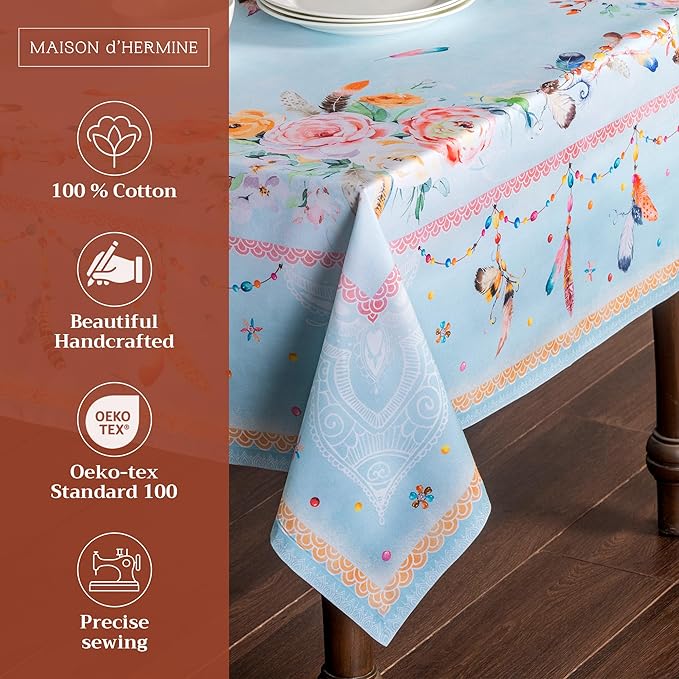 Maison d' Hermine Table Cloth Rectangle Table 100% Cotton 60 x 120 Inches Tablecloth Reusable Decorative Everyday Use for Dining Room, Farmhouse, Home, Party, Festive & Wedding Spring Summer - Ibiza