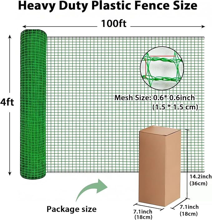 Garden Temporary Safety Fence, 4'x100' Roll with 50 Zip Ties, Resuable Plastic Mesh Fence for Garden Fencing, Construction, Snow Fencing, Animal Barrier, Poultry, Deer, Patio, Green