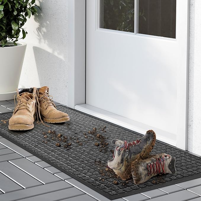 Kuyal Front Door Mat, 2'*4' Door Mat for Inside Outside Entrance,Waterproof Welcome Mats with Non-Slip Backing, Indoor Outdoor Entryway, Commercial Floor Mats, Durable & Easy to Clean, Dark Gray