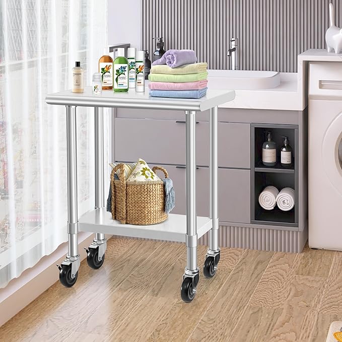 HARDURA Stainless Steel Commercial Table Prep & Work Table with Casters Heavy Duty Metal Table with Wheels NSF 430 18×30 Inches