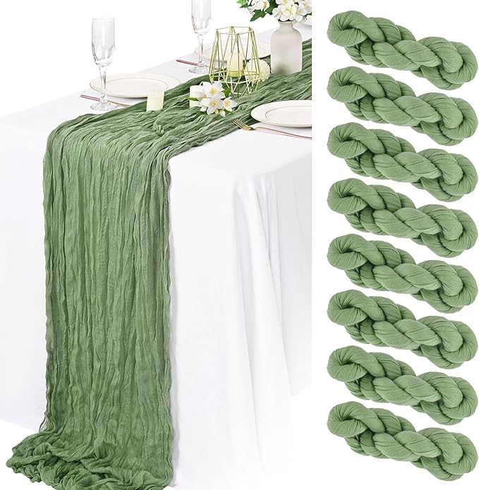 8 Packs Cheesecloth Table Runner 10FT Long Boho Gauze Fabric Table Runner Vintage Rustic Sheer Runners for Wedding Party Bridal Baby Shower Table Decorations (Sage Green)