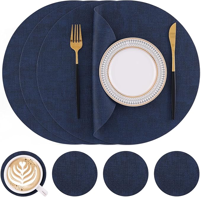 Homaxy Round Faux Leather Placemats and Coasters, Washable Dual-Side Table Mats, Wipeable Heat-Resistant Dining Place Mats for Outdoor and Indoor, Set of 4, Diameter 13 and 3.93 inch, Navy Blue