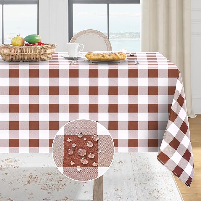 Softalker Gingham Checkered Tablecloth Rectangle - Outdoor Waterproof Buffalo Plaid Table Cloth, Stain Resistant Washable Table Cover for Picnic, Camping, Dining - Rust and White, 60 x 84 Inch