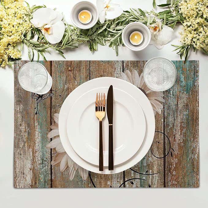 Giwawa Rustic Daisy Board Placemats- White Sunflowers on Vintage Wood Plank Linen Table Place Mat- Farmhouse Wooden Non-Slip Heat Resistant Table Mats for Dining Kitchen Cabin Lodge Decor