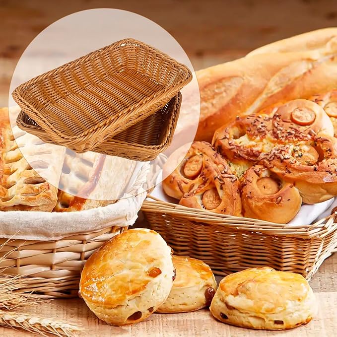 2 Pack 12" Rectangular Poly Wicker Bread Baskets, Durable Woven Serving Basket for Fruits, Vegetables Bread Indoor/Outdoor Use in Kitchen, Home, Restaurant