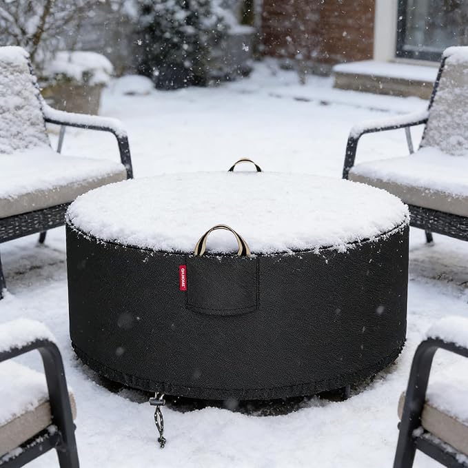 [2025 Upgraded 900D Fabric] Fire Pit Cover Round for 45-48 inch Fire Pit, 900D Heavy Duty Waterproof Fireplace Cover with Air Vent, Handle & Tightening Drawstring, 48"Dia x 24"H -Black