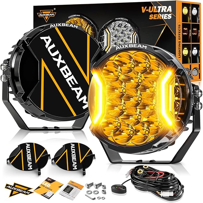 Auxbeam 7 Inch LED Side Shooter Light, V-Ultra Series Round Driving Offroad Lights 226W Hyper Spotlights with Amber DRL, 270° Wide Range Universal Amber Yellow Lights with Black Cover, Pair