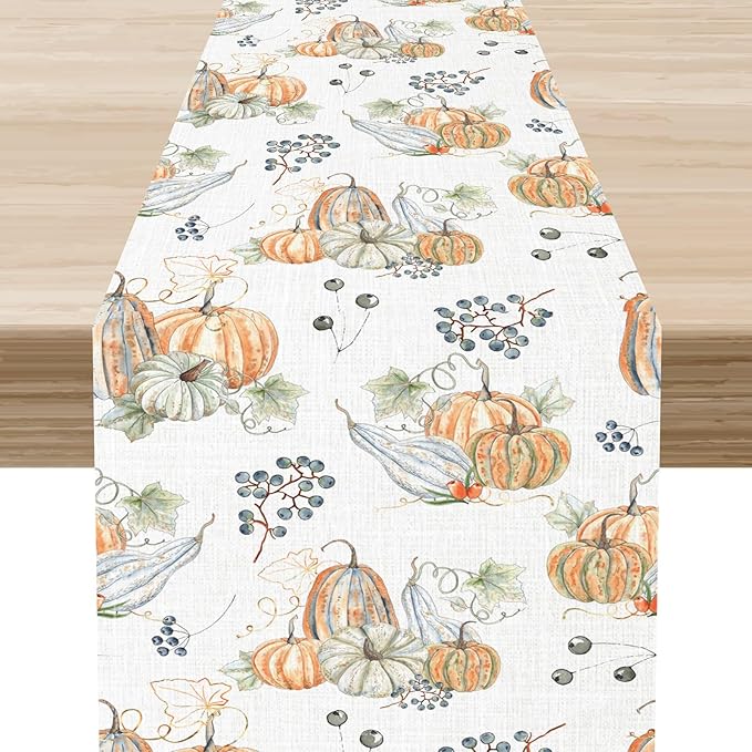Pumpkins Table Runner, Farmhouse Seasonal Autumn Fall Leaves Harvest Thanksgiving Rustic Coffee Table Center Decor for Home Kitchen Dining Patio Holiday Party Indoor Outdoor Decorations, 13"x72" Inch
