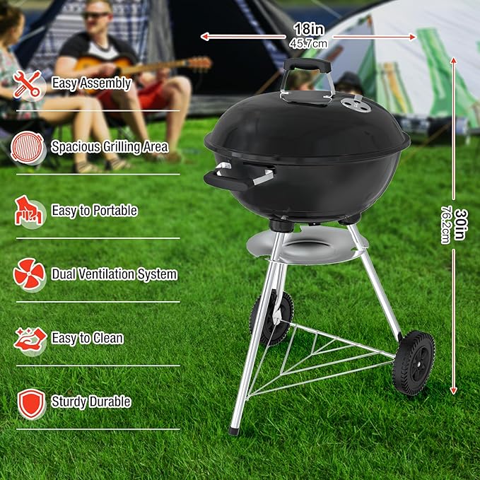18 inch Charcoal Grill, Portable Kettle BBQ Grills, Perfect BBQ Gift, Durable & Easy to Assemble, Round Barbecue Grill with Wheels and Lid for Outdoor Cooking, Patio and Beach, Black