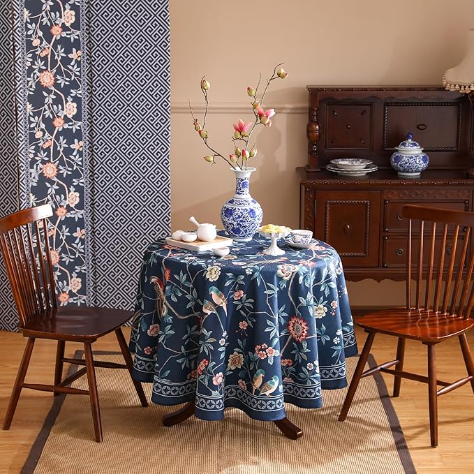 patdrea Designer Dark Blue Linen Round Tablecloth,Vintage Navy French Floral and Birds Pattern Table Cloth,Decoration Table Cover for Kitchen,Dining,Tea Party,Home,Christmas,Diameter 67"