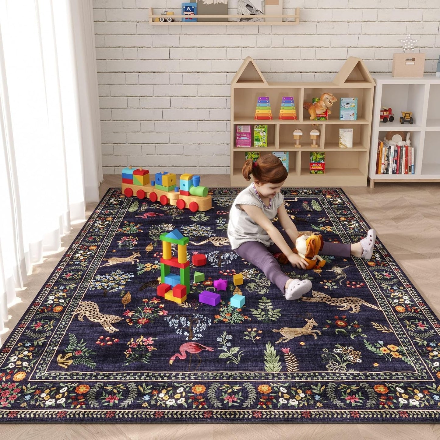 Rugcomf Living Room Rug 5x7 Rug Machine Washable Boho Area Rug Non Slip Floral Animal Vintage Low Pile Large Rugs for Living Room, Bedroom, Farmhouse, Dining Room, Kids Playroom (Blue)