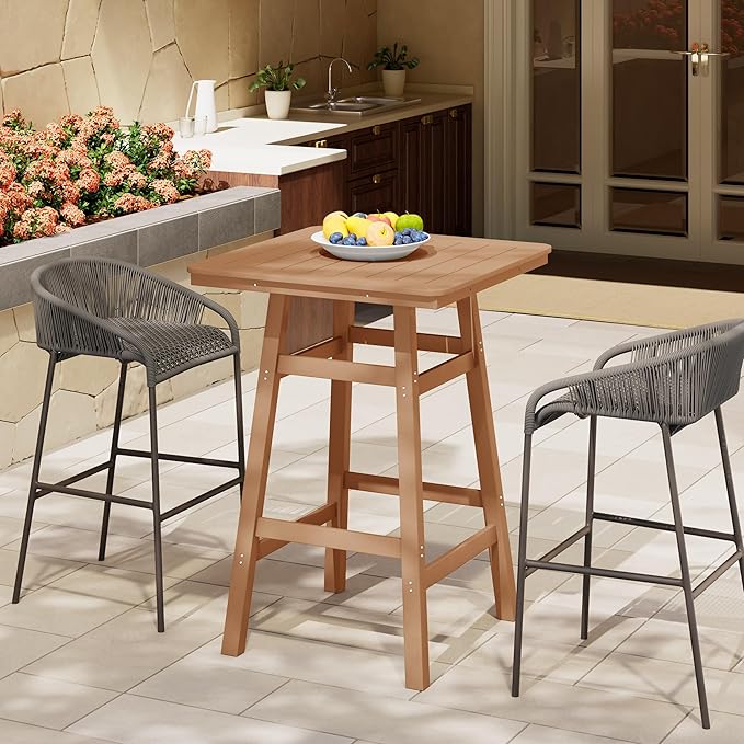 Costaelm Outdoor Bar Table, 42" Counter Height Square Patio Cocktail Bar Table with Umbrella Hole, Patio Bistro Dining Pub Table for Front Porch Deck Backyard Garden, Teak