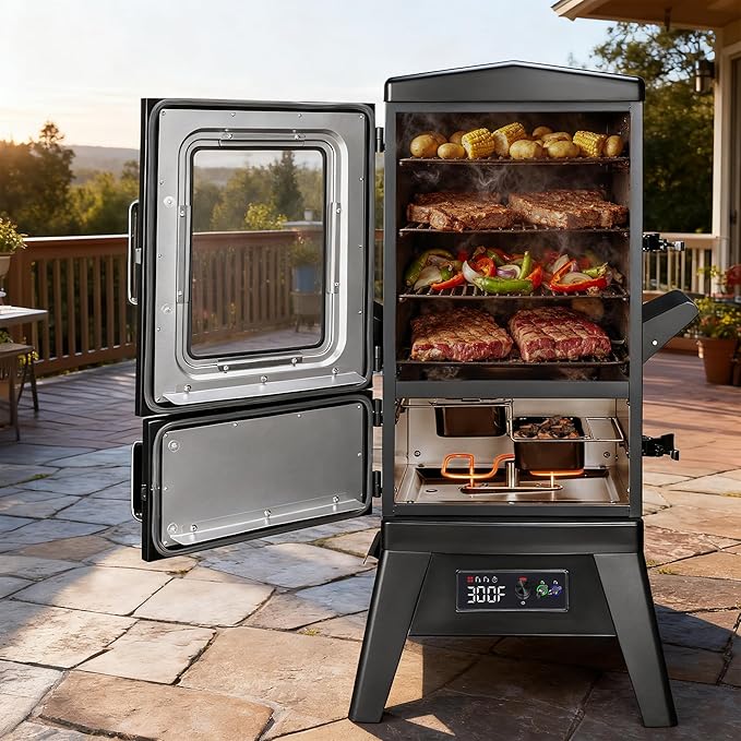 Vertical Electric Smoker with Cover & Meat Probe, BBQ Smokers with 4 Cooking Grates, 633 Sq.in Cooking Space, LED Temperature Control for Outdoor Cooking,Smoke Ribs,Brisket,Chicken
