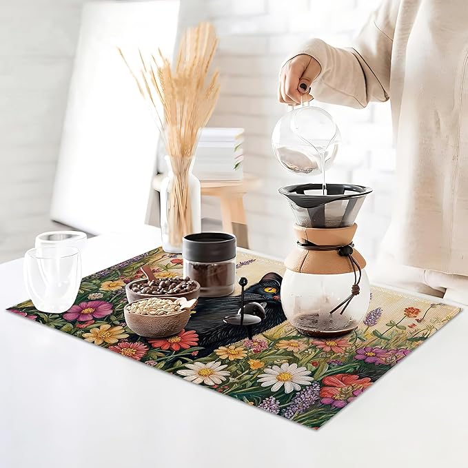 Black Cat Placemats Set of 6,Color Flower Waterproof Non-Slip Washable Table Mats for Kitchen Dining Holiday Party Wedding Decor 12x18 Inch