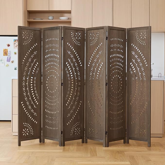 66.9Inch Folding Room Divider, 6 Panels Wood Carved Privacy Screens Free Assembled Freestanding Partition for Bedroom Home Office (Brown)