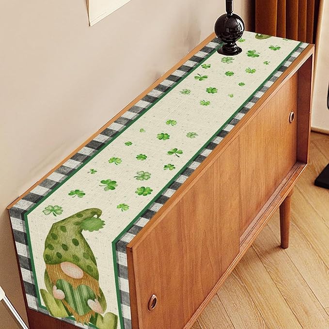 St.Patrick's Day Table Runner,Vintage Black White Plaid Green Polka Dot Gnome Shamrock Seasonal Spring Table Center Decor for Home Kitchen Dining Patio Party Indoor Decorations, 13"x36"