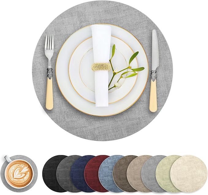 Round Faux Leather Placemats and Coasters, Set of 6, Reversible Heat Resistant Non-Slip Table Mats, Waterproof Wipeable Place Mats for Dining Table, Washable for Indoor & Outdoor (6, Light Grey)