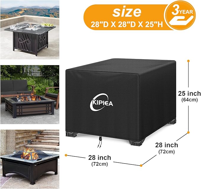 Kipiea Square Fire Pit Cover - Upgraded 600D Strong Tear Resistant, 100% Waterproof Fire Pit Table Cover, UPF 50+ Outdoor Firepit Cover Square Fading Resistant, 28" L x 28" W x 25" H
