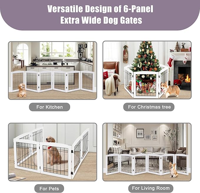 LZRS 6-Panel Extra Wide Wooden Freestanding Dog Gate: Foldable Solid Wood and Steel Wire Chew Resistant Safety Barrier for Doorways, Stairs, and Open Long Spaces Indoor Use, White
