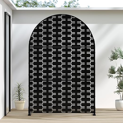 Casaphoria 72" H x 47" W Arched Metal Privacy Screen - Elegant Freestanding Outdoor Screen for Deck, Patio & Balcony - Versatile Decorative Privacy Panels for Home & Garden Use (Black-Brick)