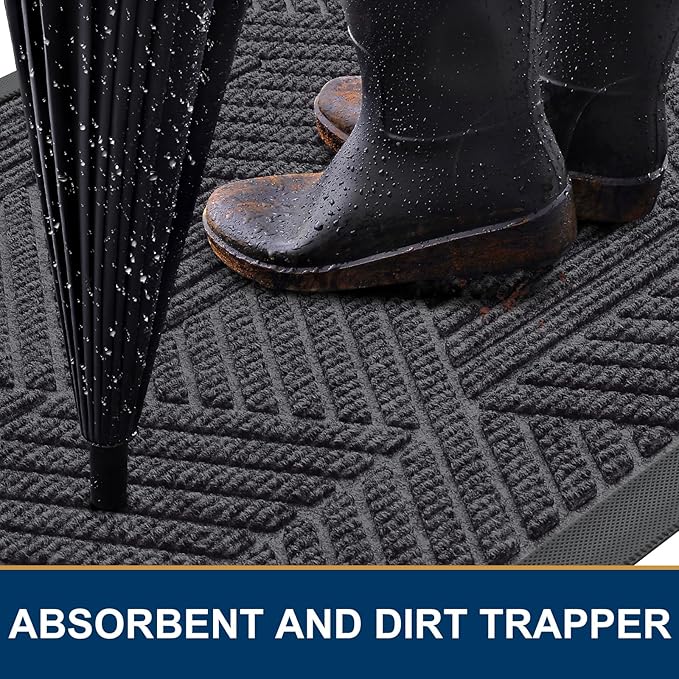 Smiry Front Door Mat Outside Entrance, Heavy Duty Sturdy Natural Rubber Doormat, Trap Dirt and Moisture, Easy Clean Low Profile Mats for Indoor Outdoor Entry, Irregular Triangle (36x24, Medium Grey)