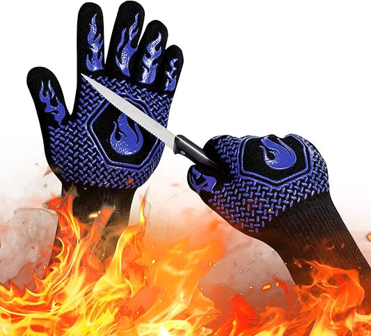 BBQ Fireproof Gloves, Grill Cut-Resistant 1472°F Heat Resistant Gloves, Non-Slip Silicone Oven Gloves, Kitchen Safe Cooking Gloves for Oven Mitts,Barbecue,Cooking, Frying,13.5 Inch-Blue