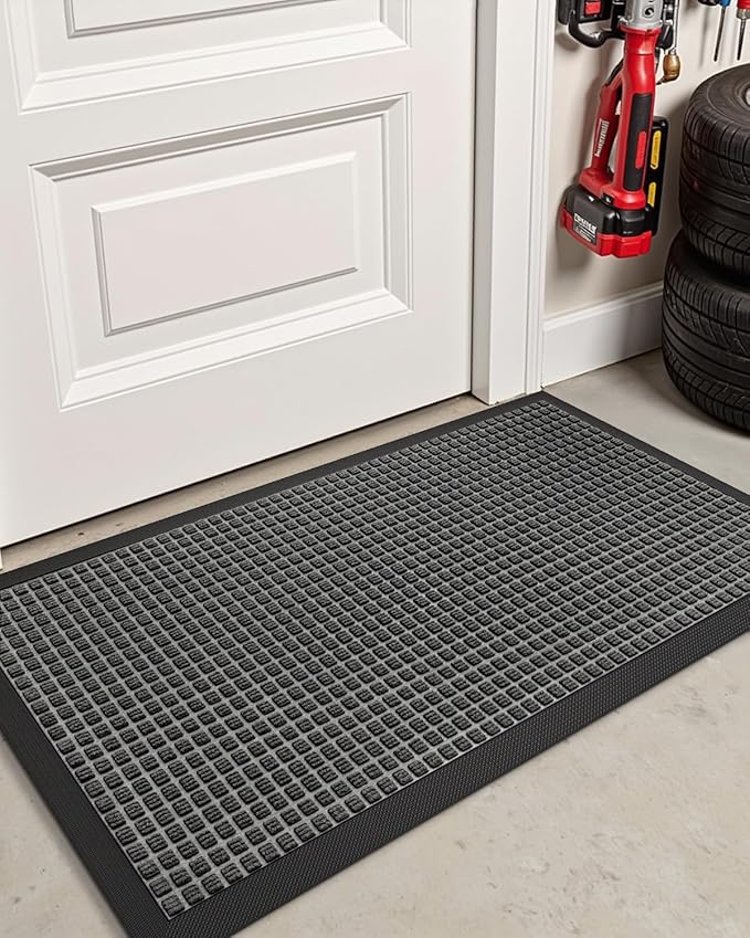 DEXI Front Door Mat Outside Entrance, 2x4 ft Rubber Entry Doormat Heavy Duty, Welcome Mats Non Slip for Inside House Floor Entryway Double Doors Exterior Patio, Squares Grey