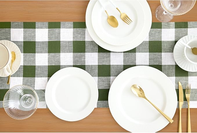 Solino Home Linen Table Runner 132 Inches Long - 100% Pure Linen Olive and White Buffalo Check Extra Long Table Runner 14 x 132 Inch Ideal for Dining, Spring, St Patricks Day, Easter